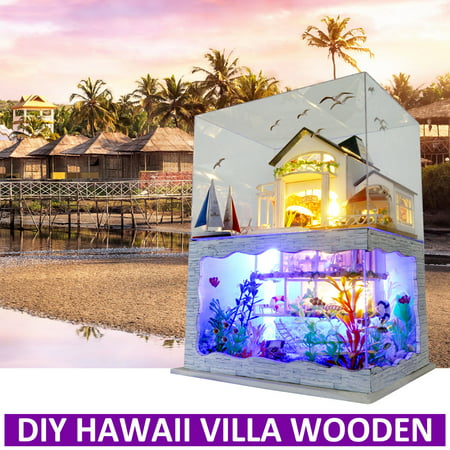 DIY LED Light Hawaii Villa Wooden Miniature Furniture Dollhouse Birthday Gift !